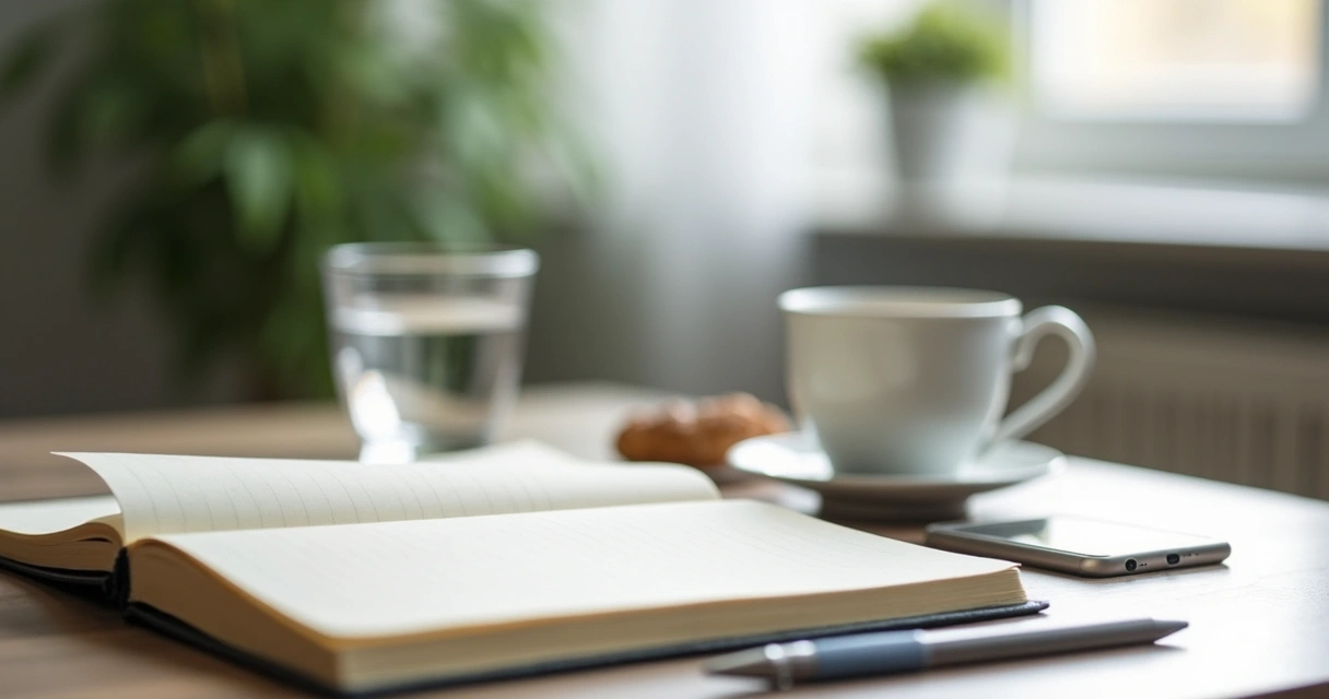 Notebook, tea, and calm workspace for a mindful reset