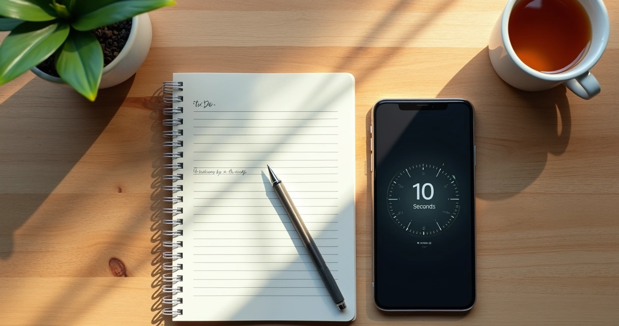 Notebook, tea, and phone beside a paused task list on a desk 