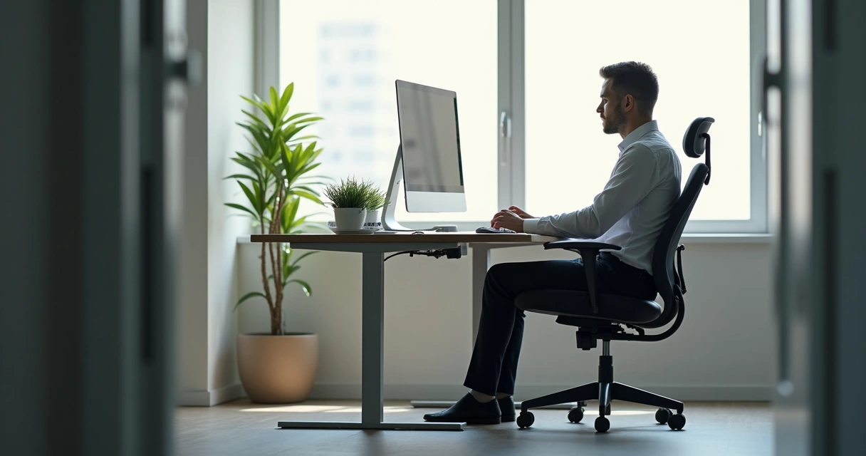 Office worker sitting with upright posture at desk