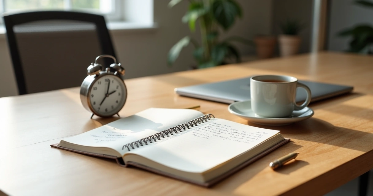 Desk with notebook, tea, and timer during a work pause 
