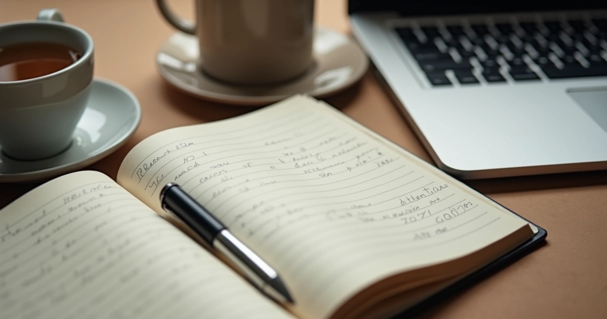 Notebook and tea on a desk during a short reflection break