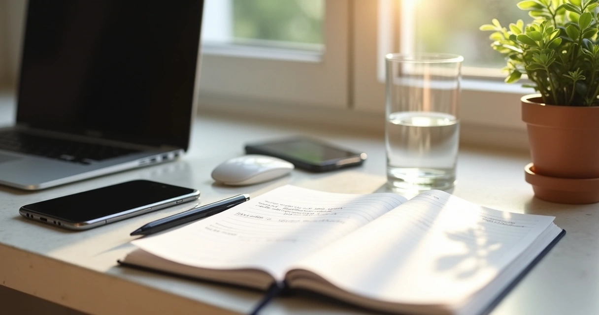 Desk with laptop, phone alerts muted, and notebook with boundary plan 
