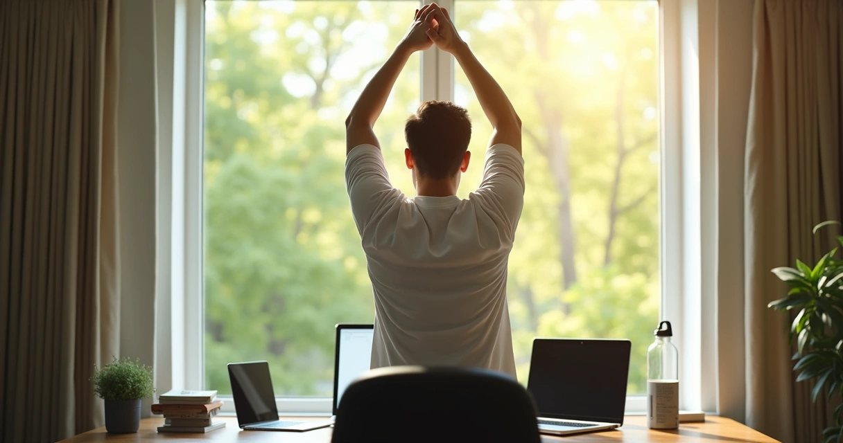 Person pausing work to stretch at desk 
