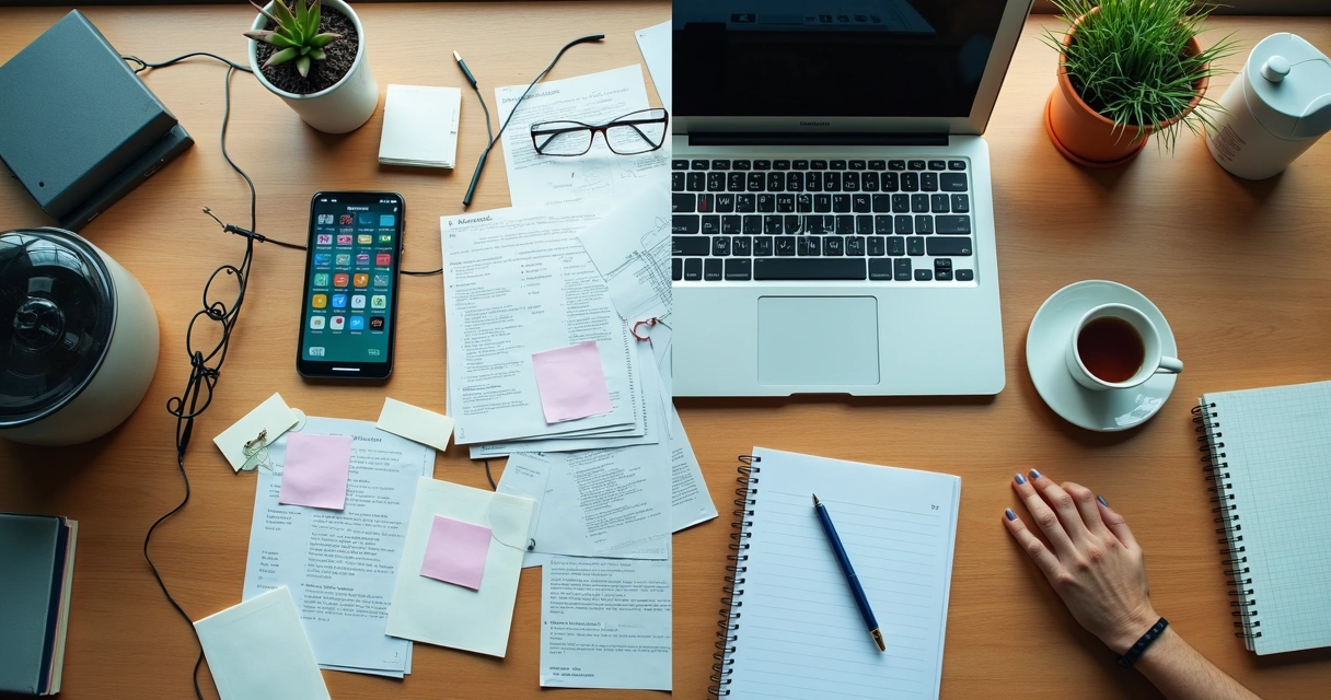 Organized and cluttered desk contrast showing mental overload and clarity 
