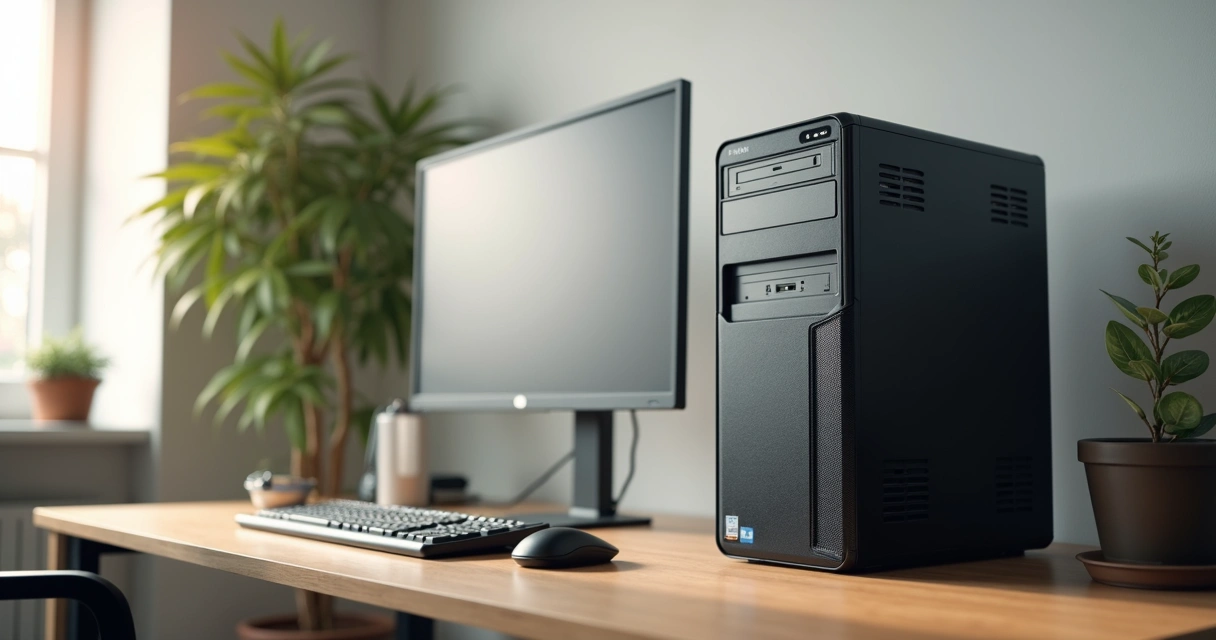 Computador desktop em mesa com espaço para ventilação 