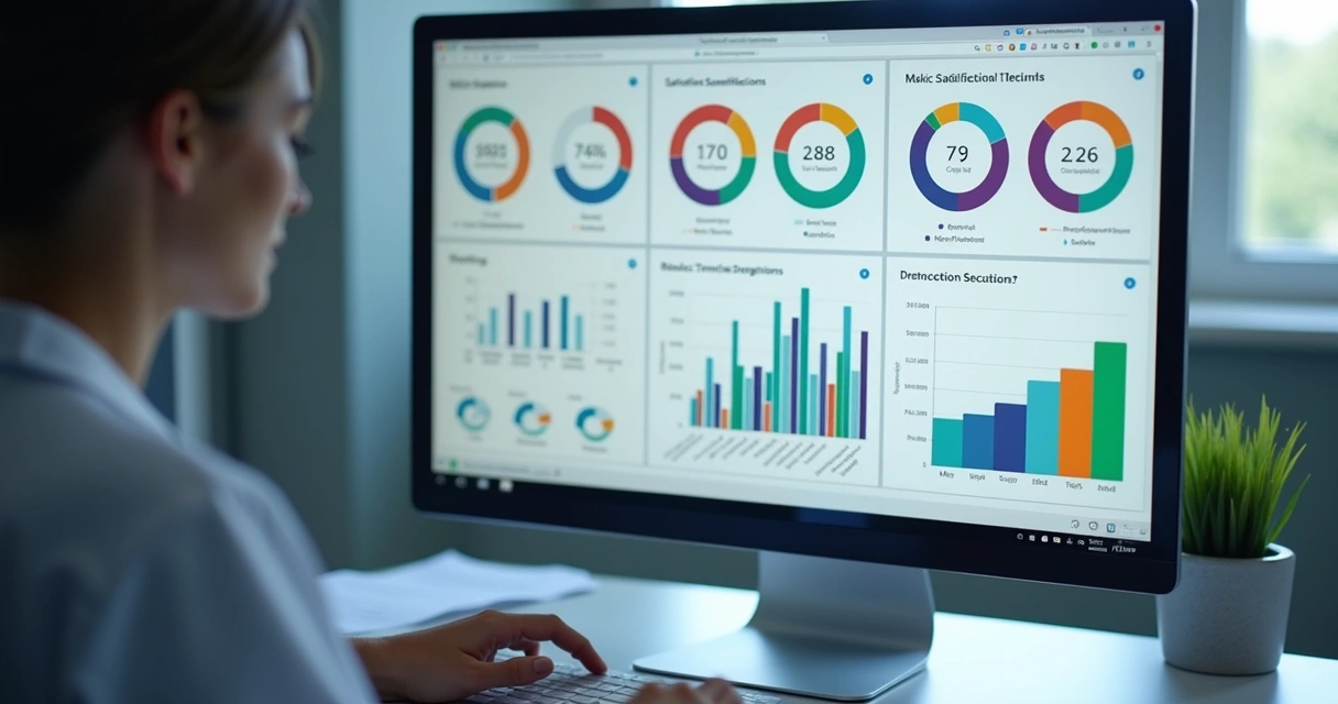 Tela de computador mostrando gráficos de satisfação dos pacientes 