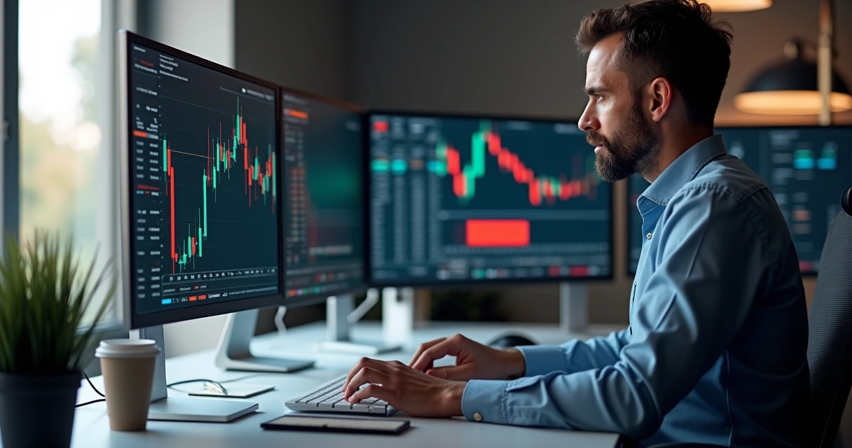 Trader operando em computador em ambiente moderno 