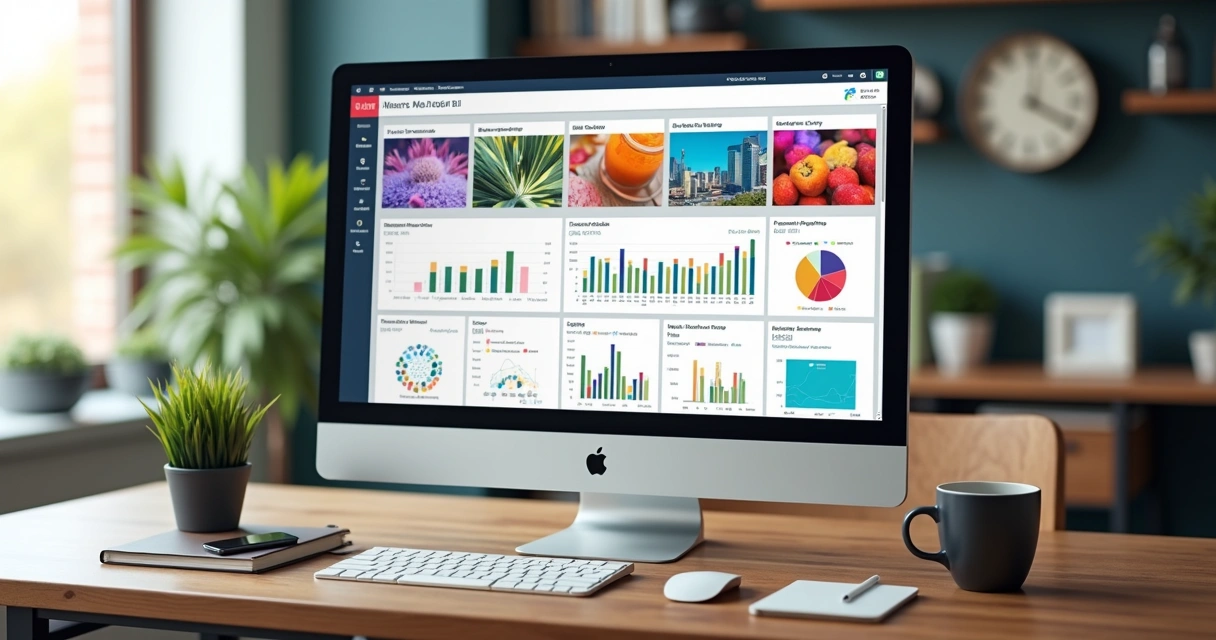 Mesa de trabalho com computador exibindo relatório do Power BI com plano de fundo colorido e gráficos visuais atraentes 