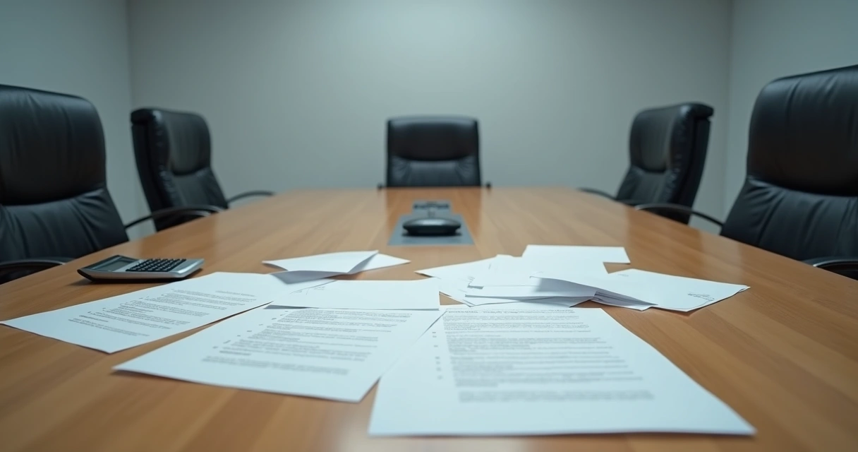 Sala de reunião vazia com papéis de rescisão na mesa 