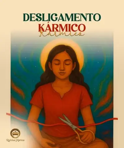 Mulher com olhos fechados cortando um fio vermelho com uma tesoura em uma ilustração espiritual.