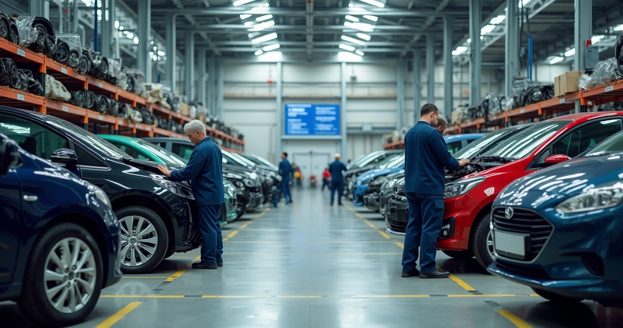 Peças de carro empilhadas em um centro de desmanche automotivo 