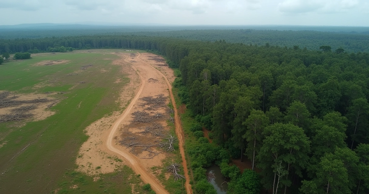 Áreas de floresta devastada próximo a arado de lavoura 