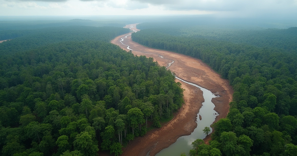 Árvores cortadas ao lado de uma floresta densa e rio tortuoso