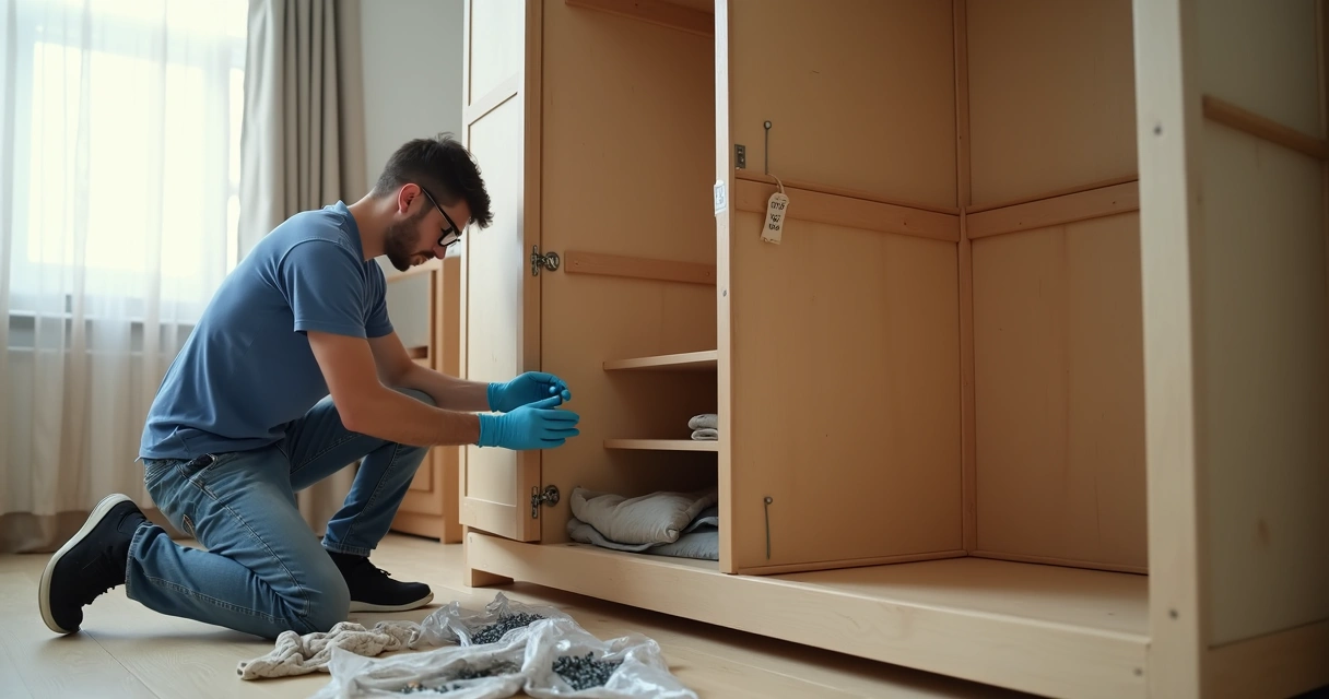 Homem desmontando guarda-roupa em quarto com peças organizadas ao lado.