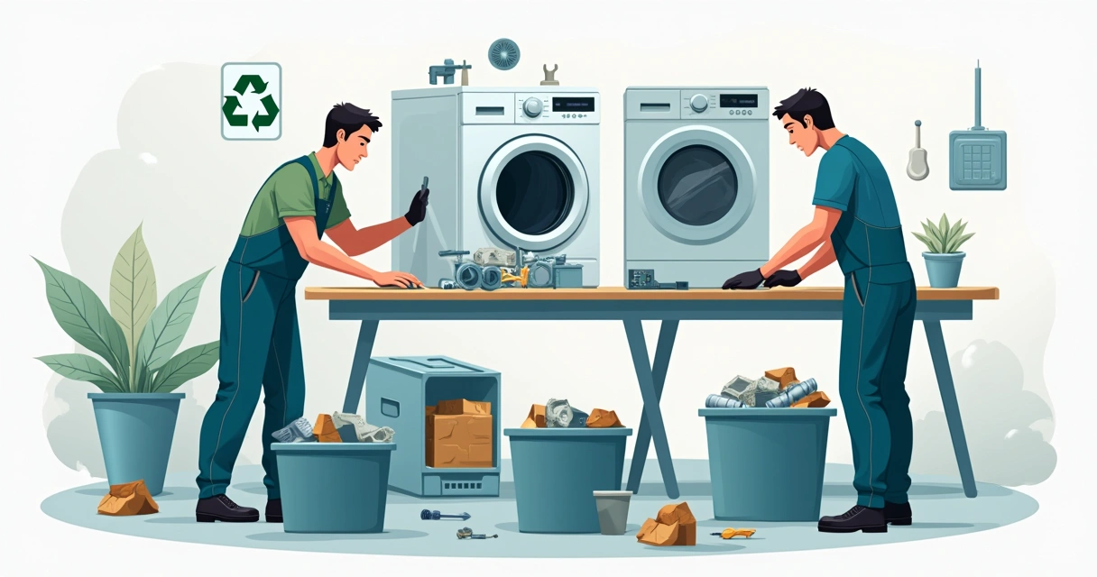 Técnicos desmontando uma máquina de lavar para reciclagem 