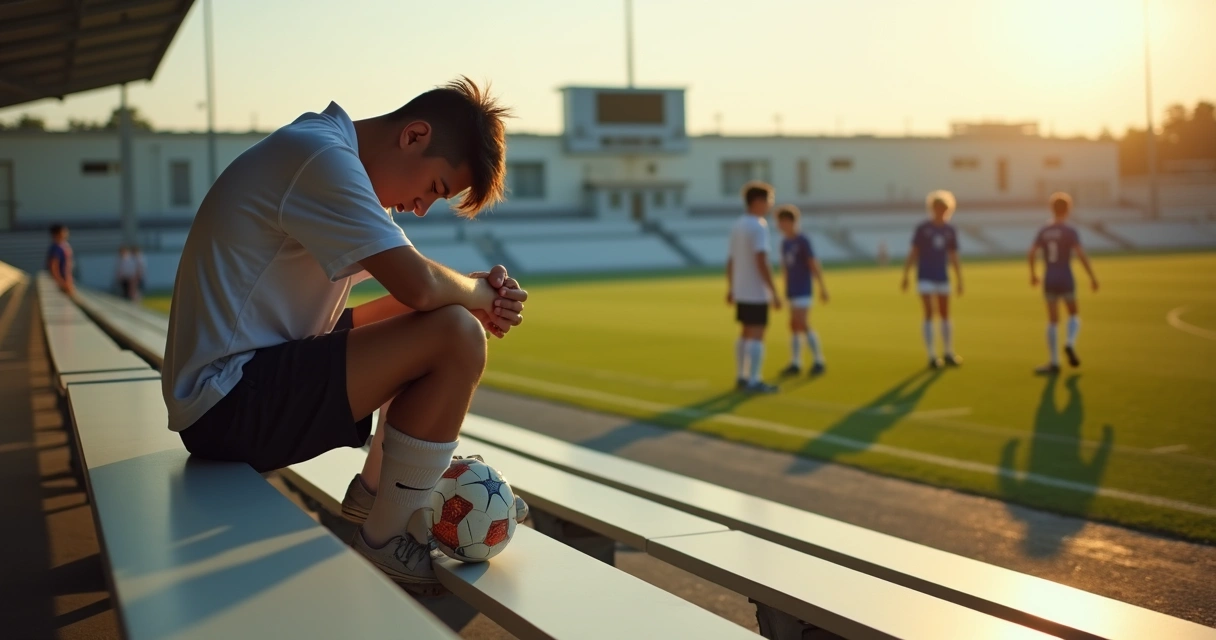 Aluno cabisbaixo sentado em arquibancada de campo de futebol 
