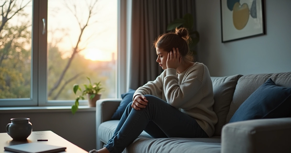 Pessoa sentada no sofá olhando pela janela com expressão pensativa e um lado do ambiente mais iluminado 