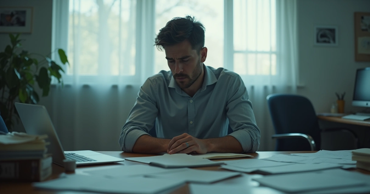 Homem olhando para baixo sentado em uma mesa de trabalho com papéis, expressão pensativa e levemente triste, janela ao fundo, tom de luz suave
