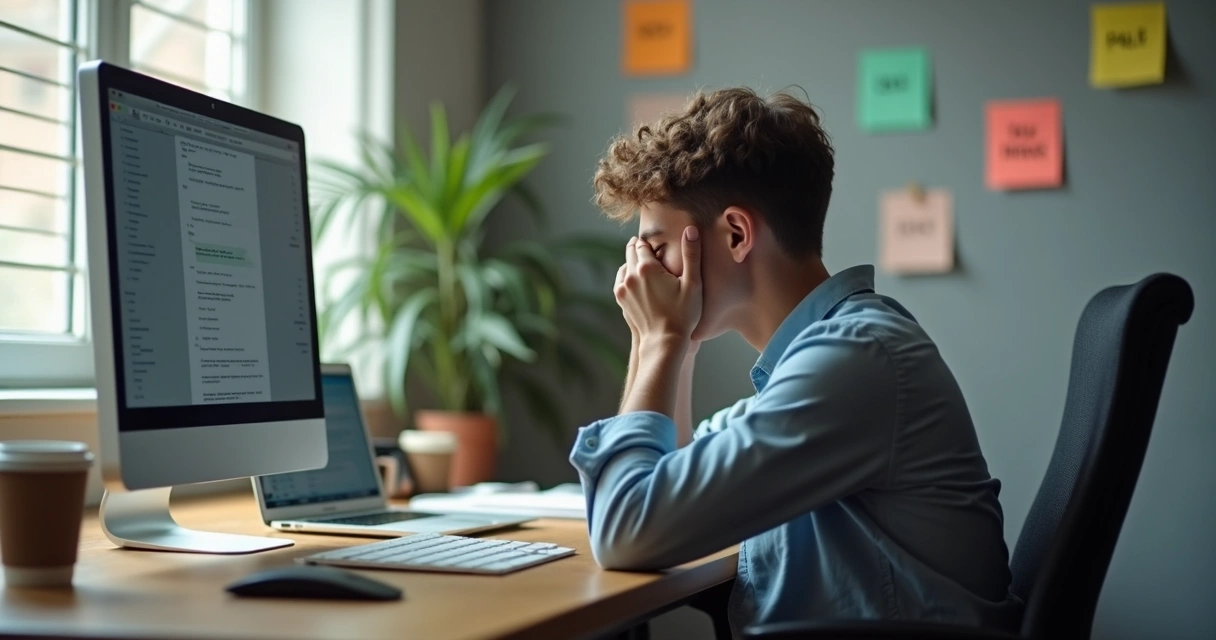 Pessoa sentada frente ao computador olhando para baixo, desmotivada 