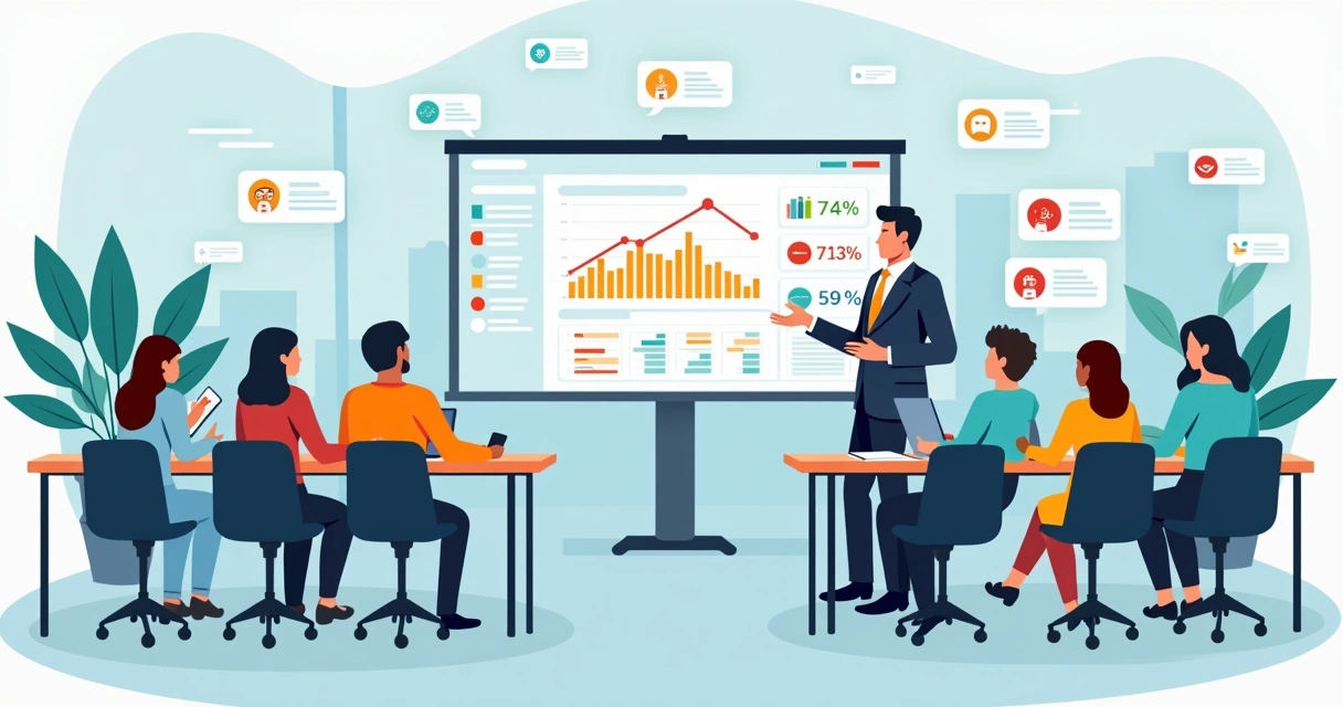 Equipe em treinamento corporativo com queda de engajamento e facilitador tentando reengajar 