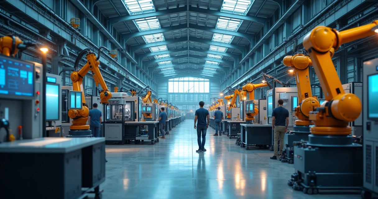 Representação realista de uma linha de montagem com máquinas industriais modernas e equipamentos tecnológicos de bens de capital em ambiente fabril iluminado 