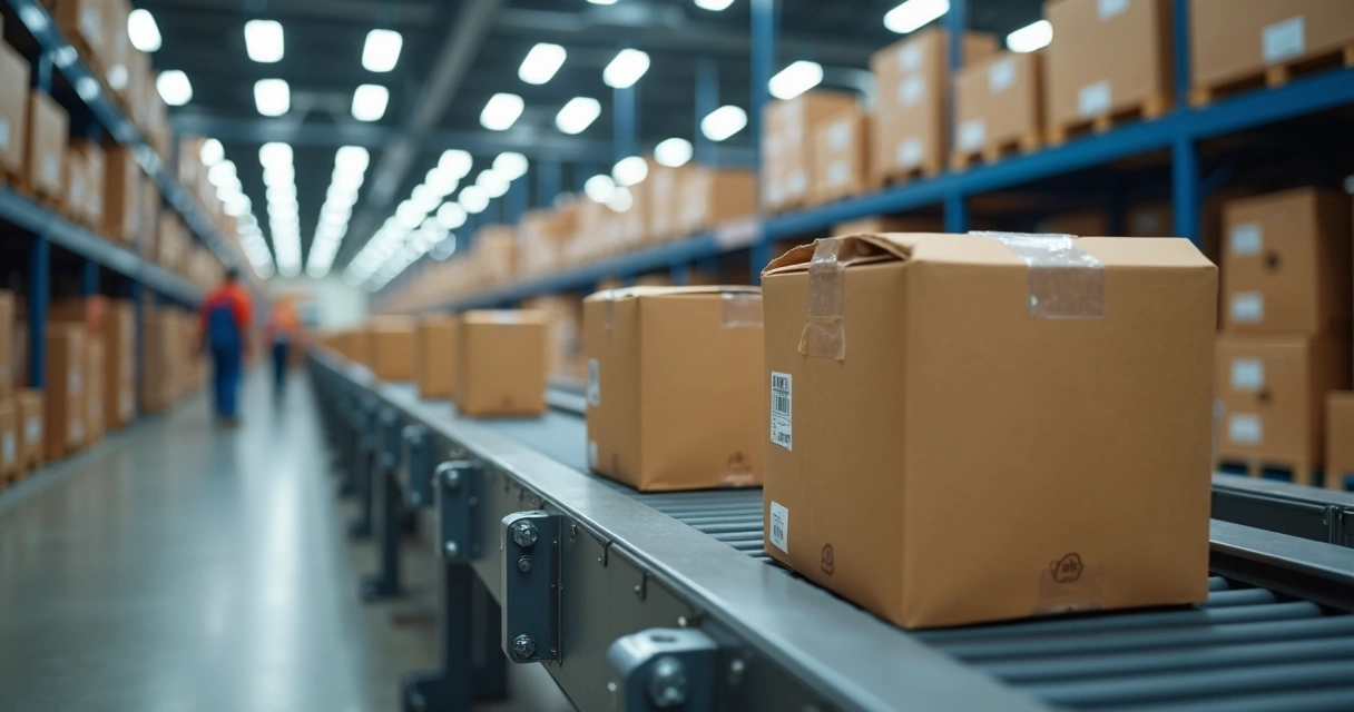 Caixas com etiquetas prontas para envio em correia transportadora 