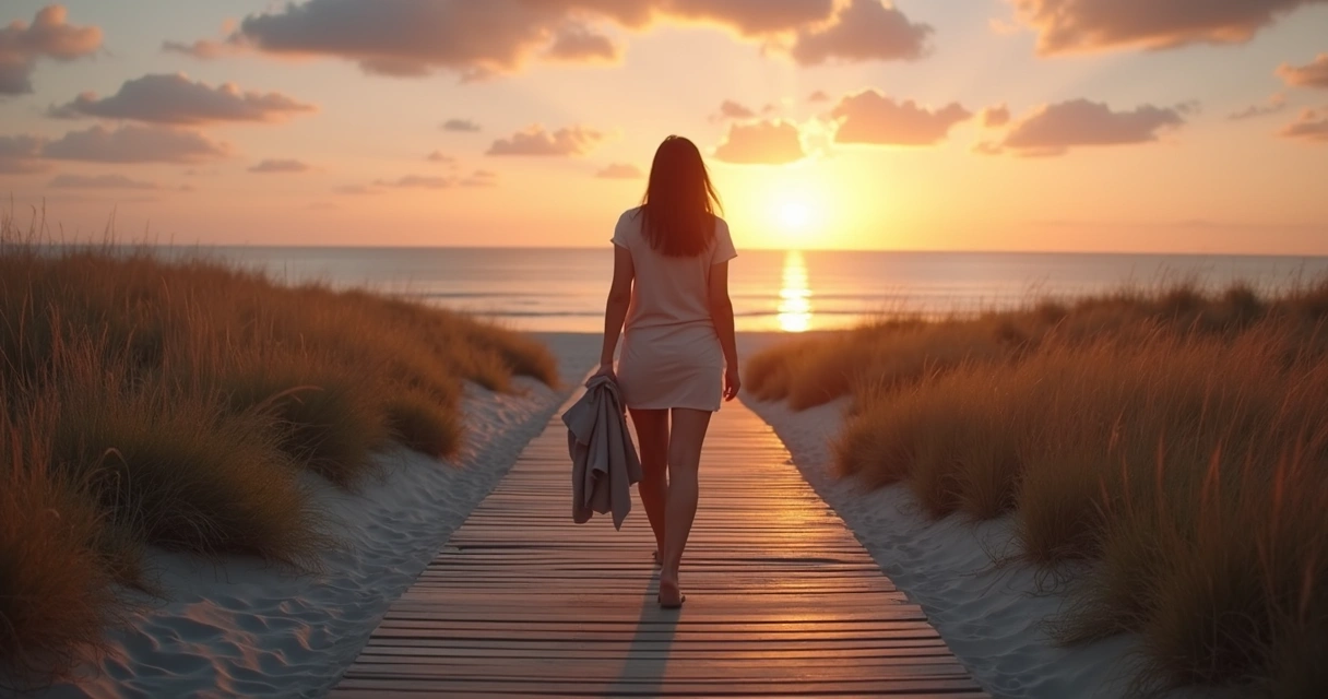 Pessoa caminhando sozinha por passarela em direção ao pôr do sol 