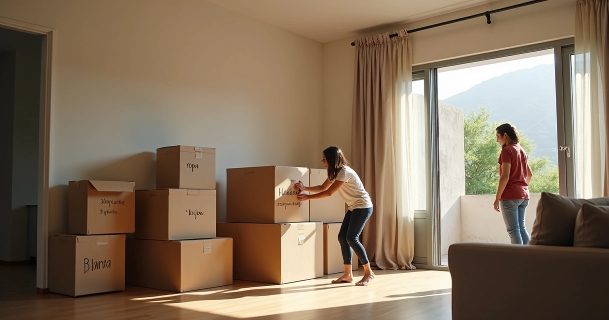 Família organizando caixas para mudança em sala vazia 
