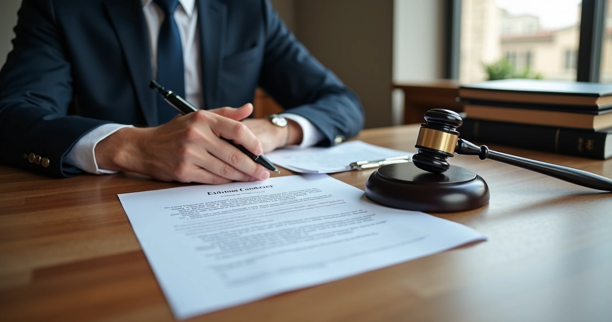 Sala de audiência com advogado e documentos de despejo 