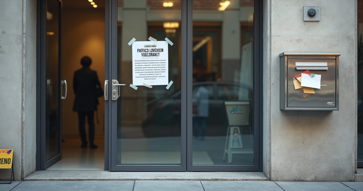 Porta de imóvel comercial com caixa de correio repleta de cartas de cobrança 