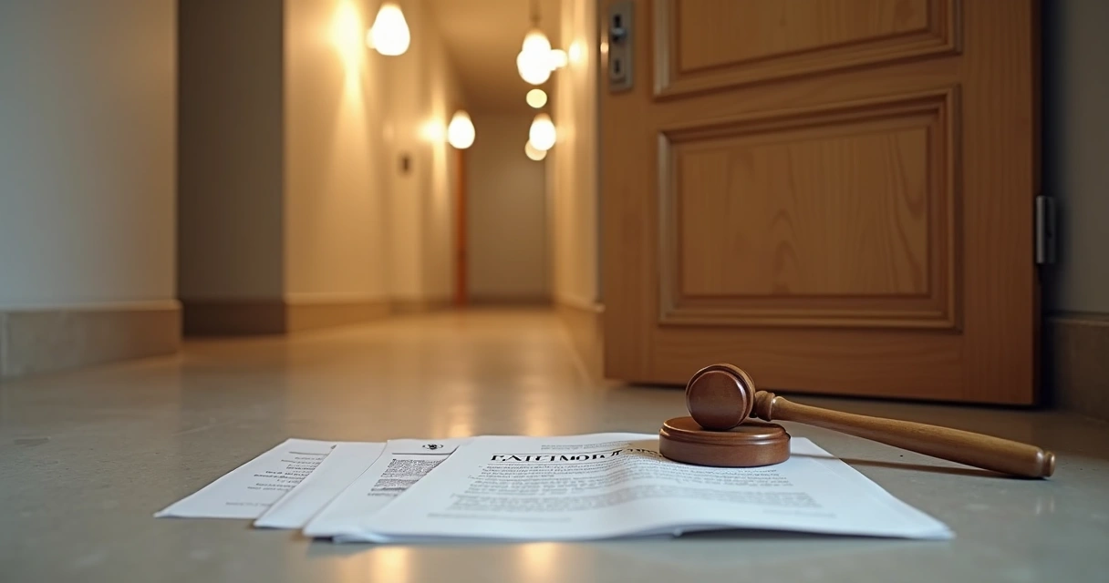 Corredor de prédio com porta de apartamento e documentos de despejo no chão 