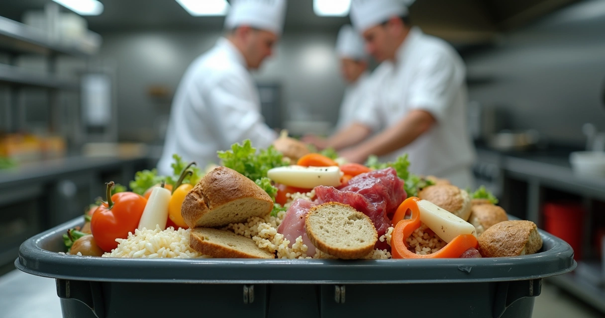 Alimentos diferentes descartados em lixo de cozinha profissional