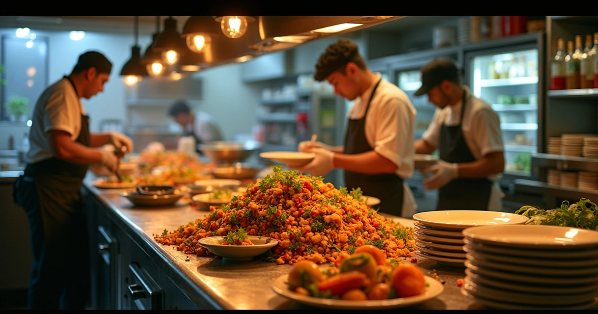 Cozinha de restaurante com alimentos sendo descartados no lixo 