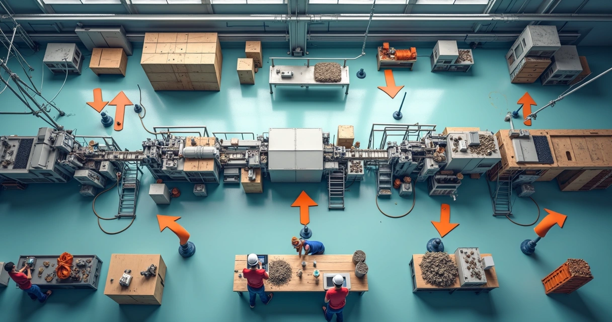 Linha de produção industrial mostrando redução de desperdício 