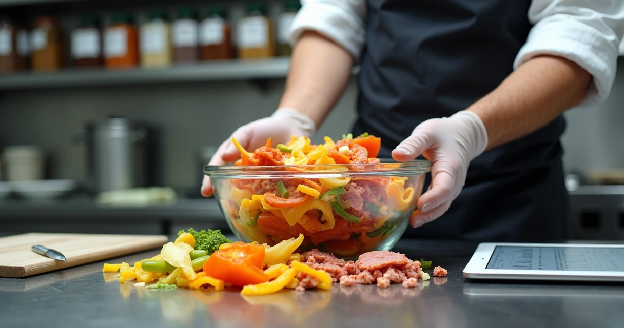 Restos de comida e ingredientes descartados em bancada de cozinha industrial. 
