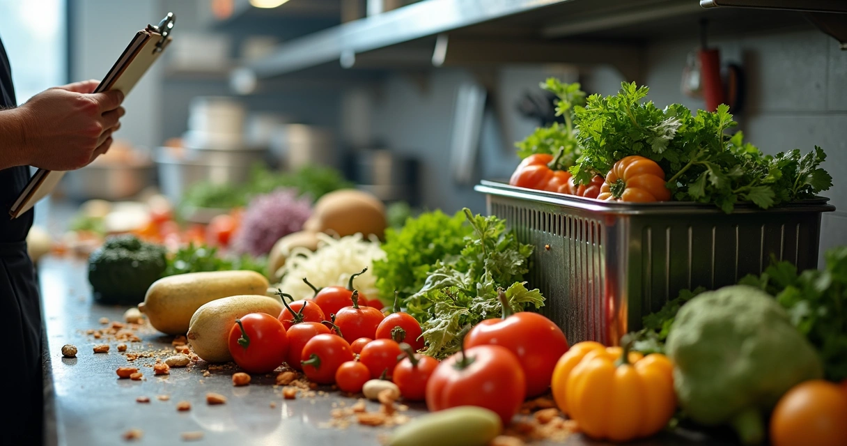 Desperdício de ingredientes na cozinha de restaurante, legumes e alimentos descartados 