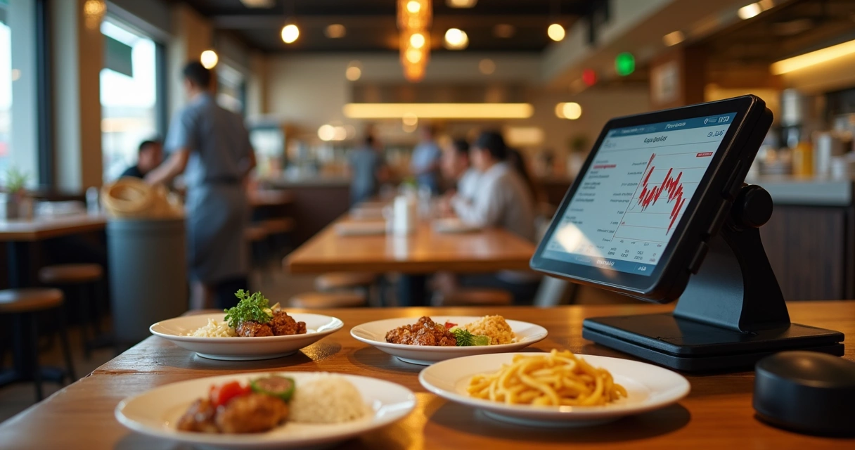 Mesas de restaurante com comida sobrando sendo levada para o lixo enquanto o caixa mostra queda de lucro 