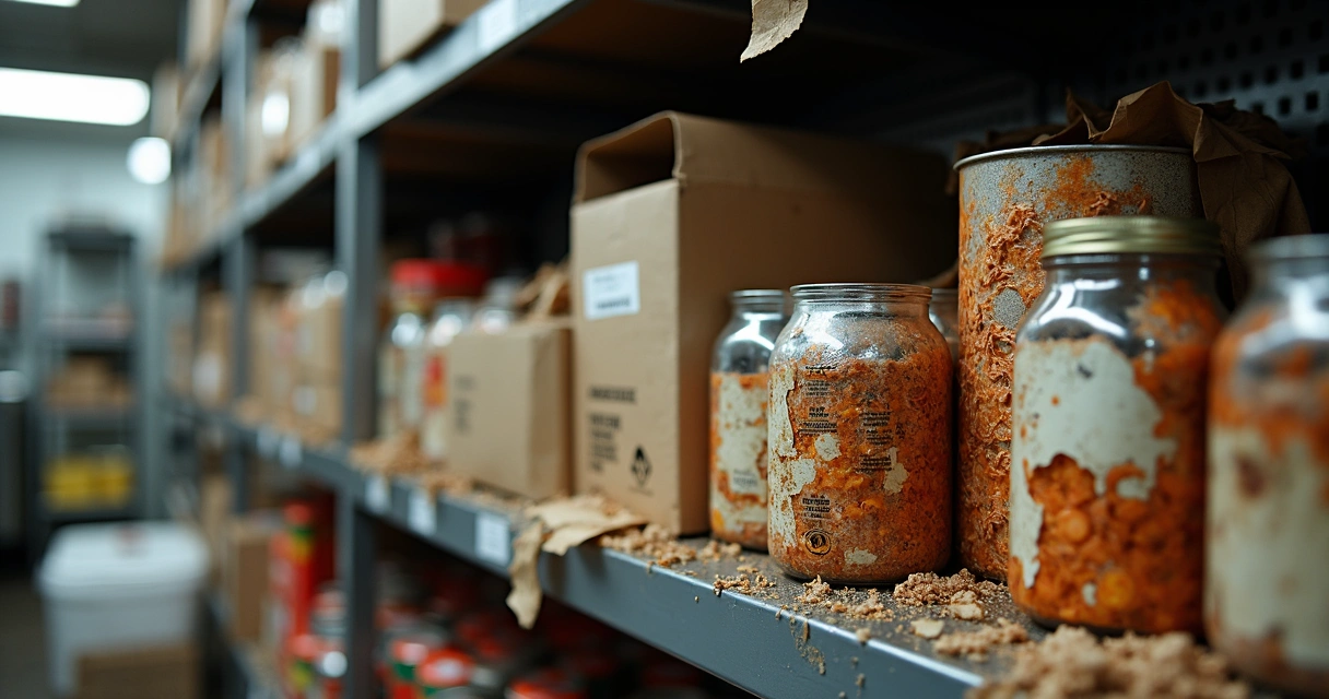 Produtos alimentícios vencidos em prateleira de restaurante 