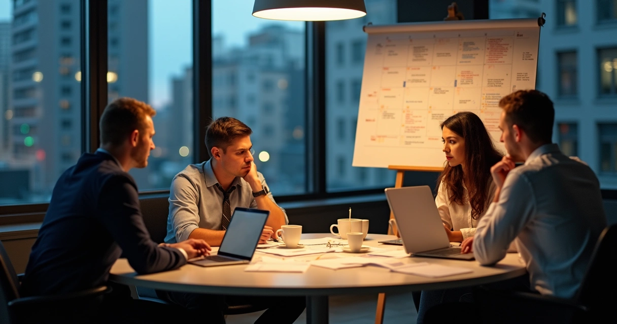 Equipe comercial cansada após dia improdutivo. 