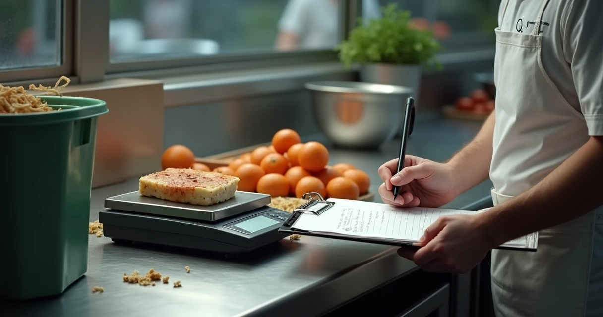 Alimentos jogados fora na cozinha de restaurante com balança