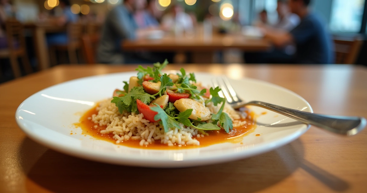 Prato com sobras de comida em mesa de restaurante