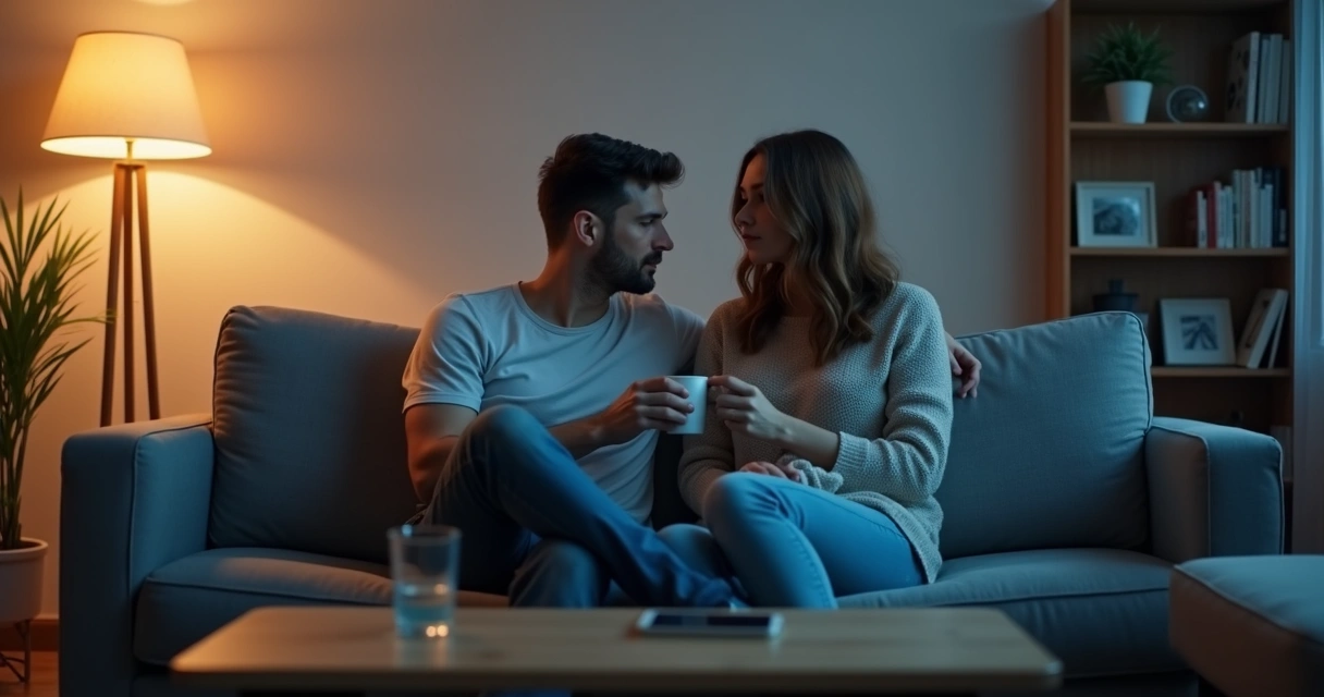 Pareja en un sofá con uno de ellos difuminado y distante 