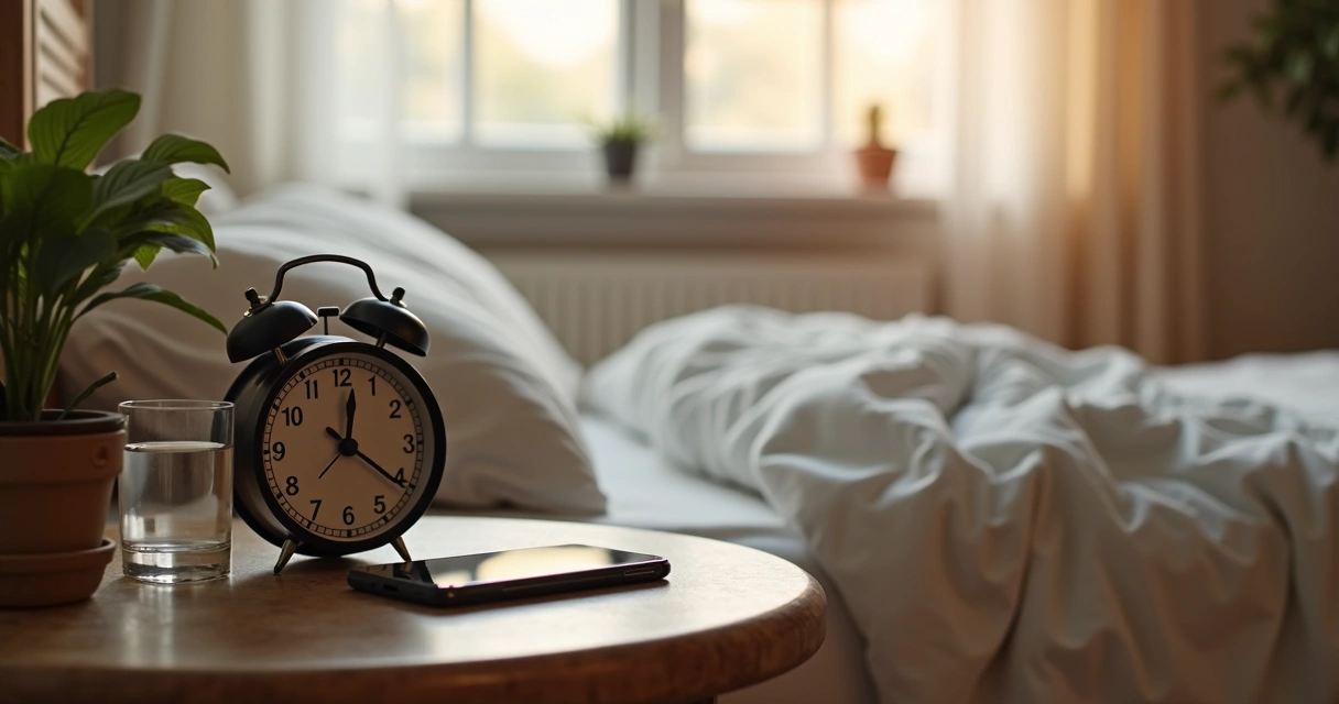 Relógio despertador analógico clássico na mesa de cabeceira com luz suave da manhã 