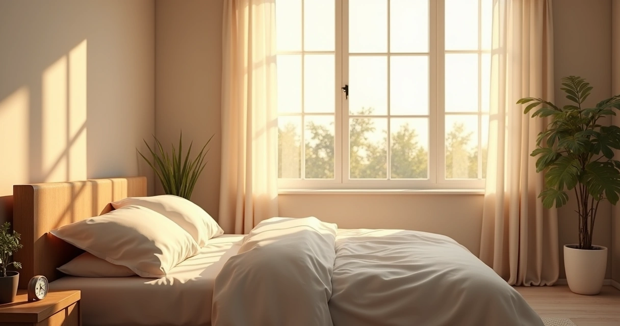 Janela iluminando quarto ao amanhecer com cama arrumada
