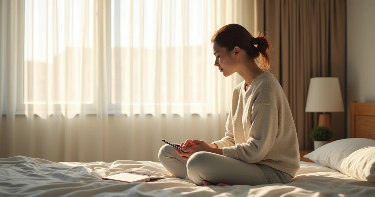 Pessoa sentada na cama pela manhã com luz suave entrando pela janela 