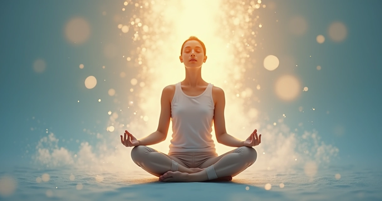 Pessoa meditando em posição de lótus sob luz suave, com elementos sutis de energia ao redor 