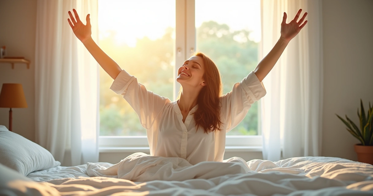 Pessoa despertando pela manhã em ambiente claro, sorrindo em cama arrumada
