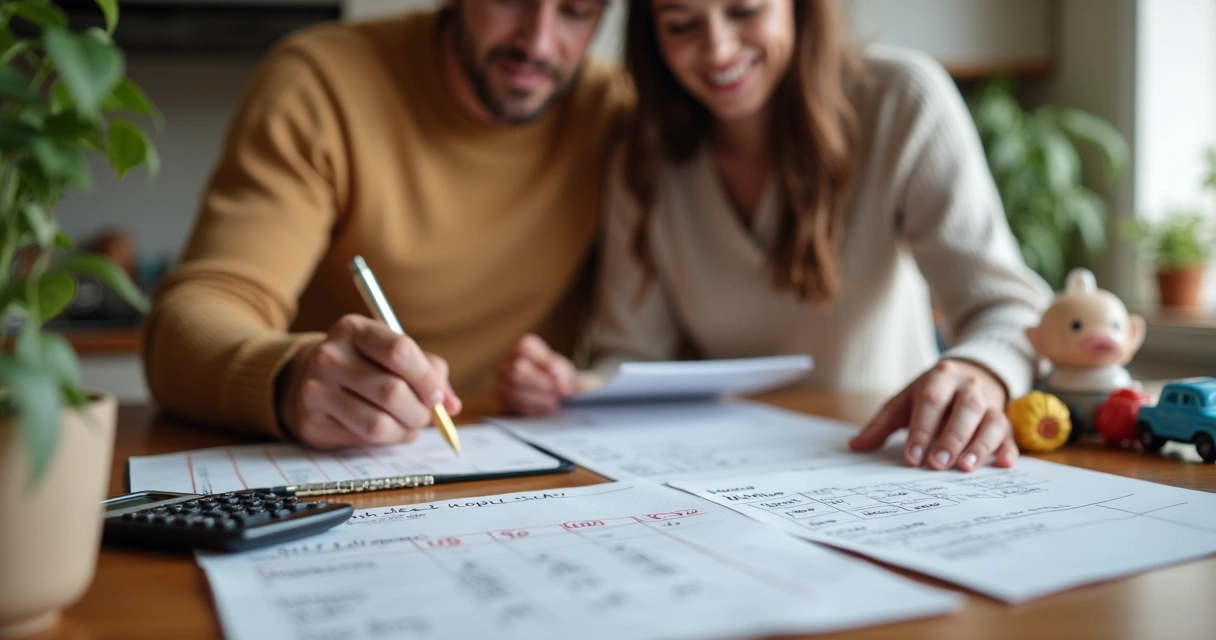Pais organizando despesas da família com calculadora e lista 