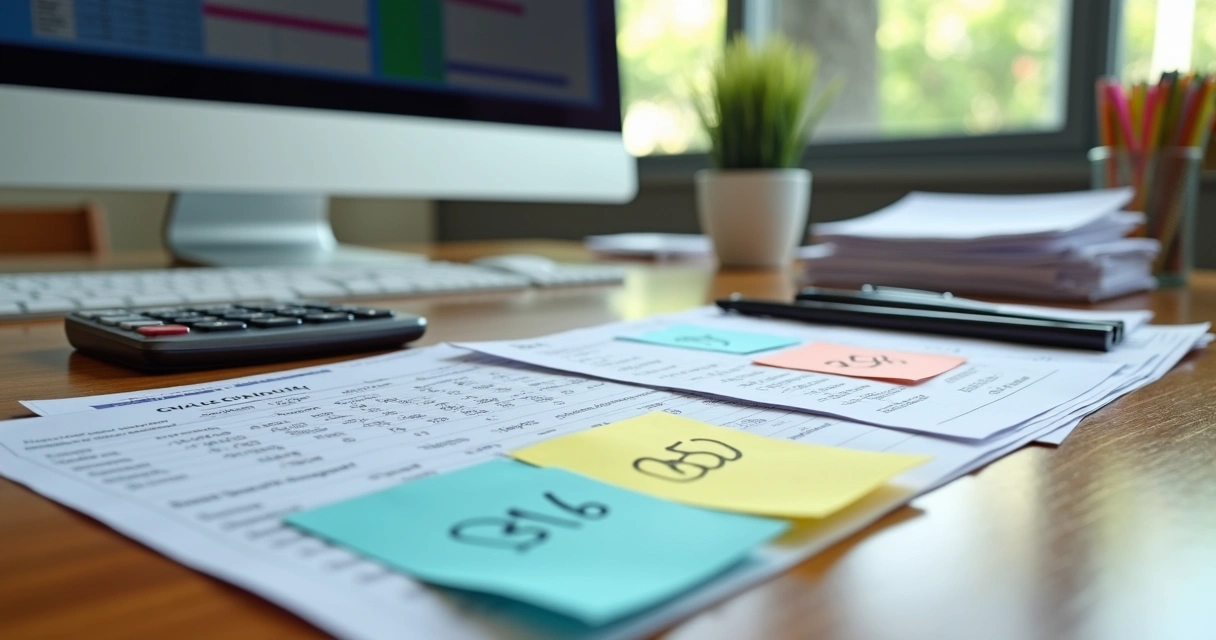 Cadernos de contas, calculadora, notas e extratos organizados em uma mesa