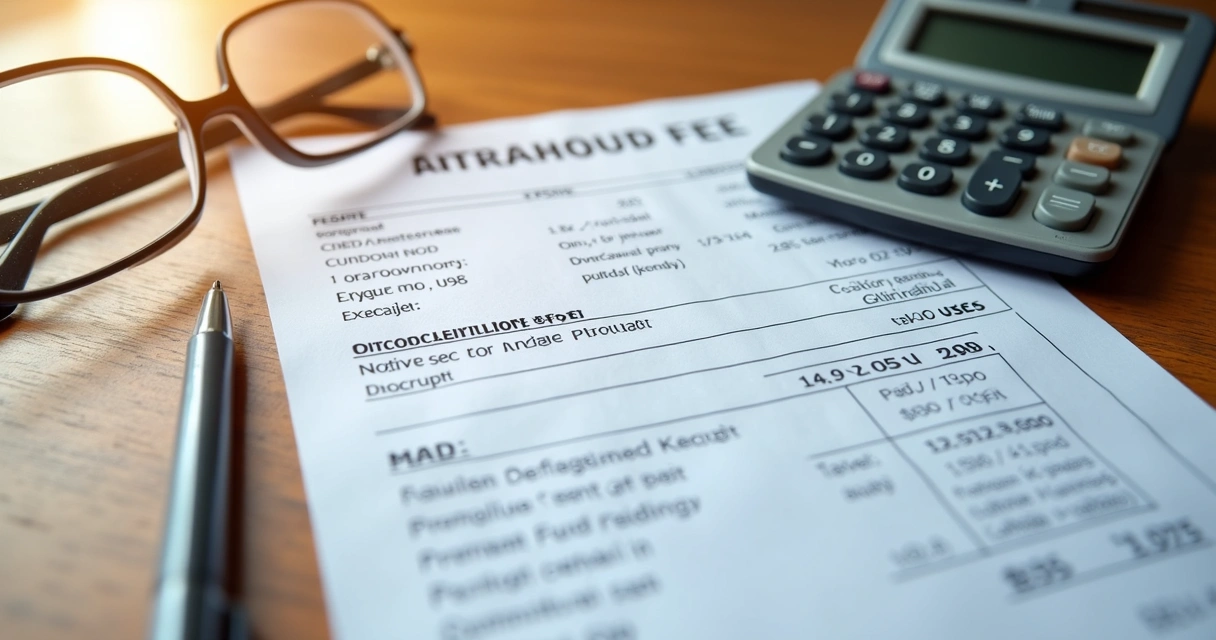 Comprovantes de despesas de condomínio sobre uma mesa, com caneta e calculadora.